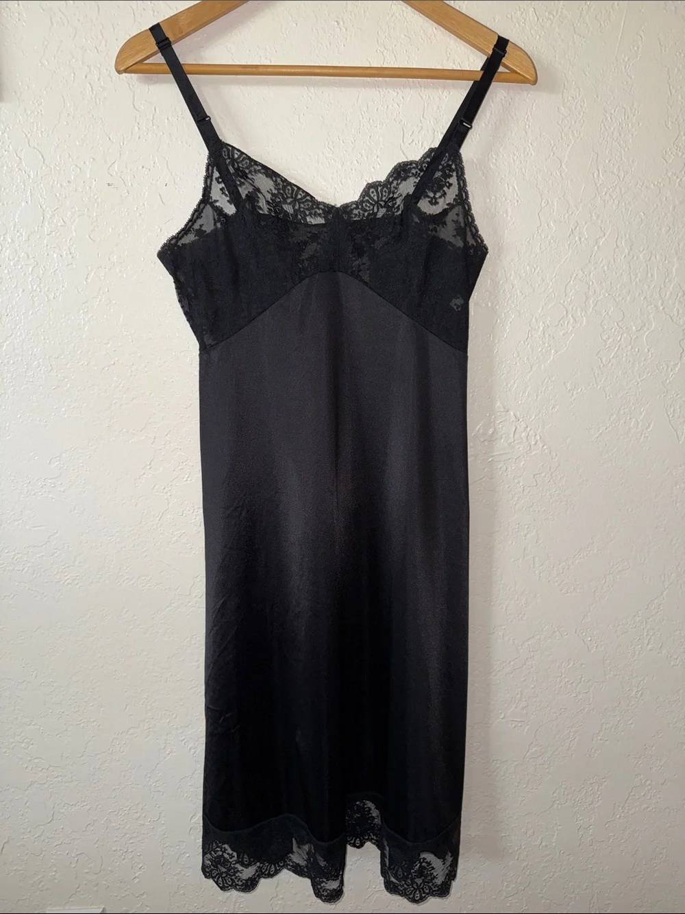 Vintage 70s Shadowline Black Nylon Lace Slip Dress 36 Tall - Sheer Lace Bust